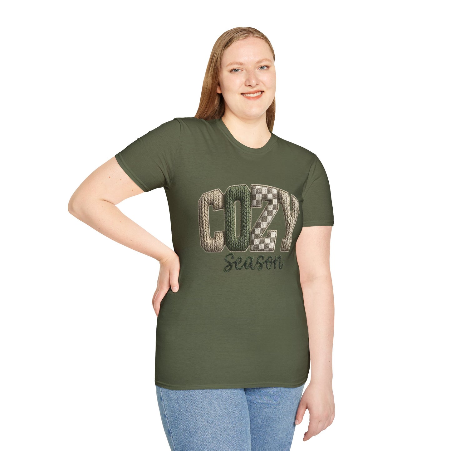 Cozy Season Women's T-Shirt — Plaid Knit Lettering Fall Graphic Tee