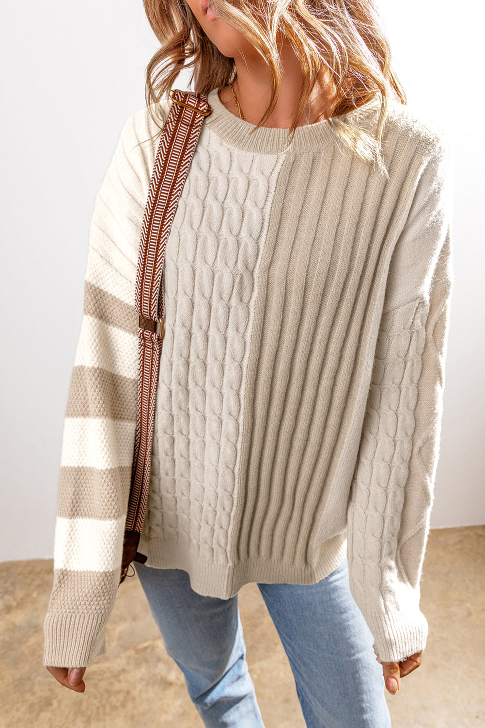 Khaki Cable Knit Colorblock Crew Neck Drop Shoulder Sweater - The Eggy's store