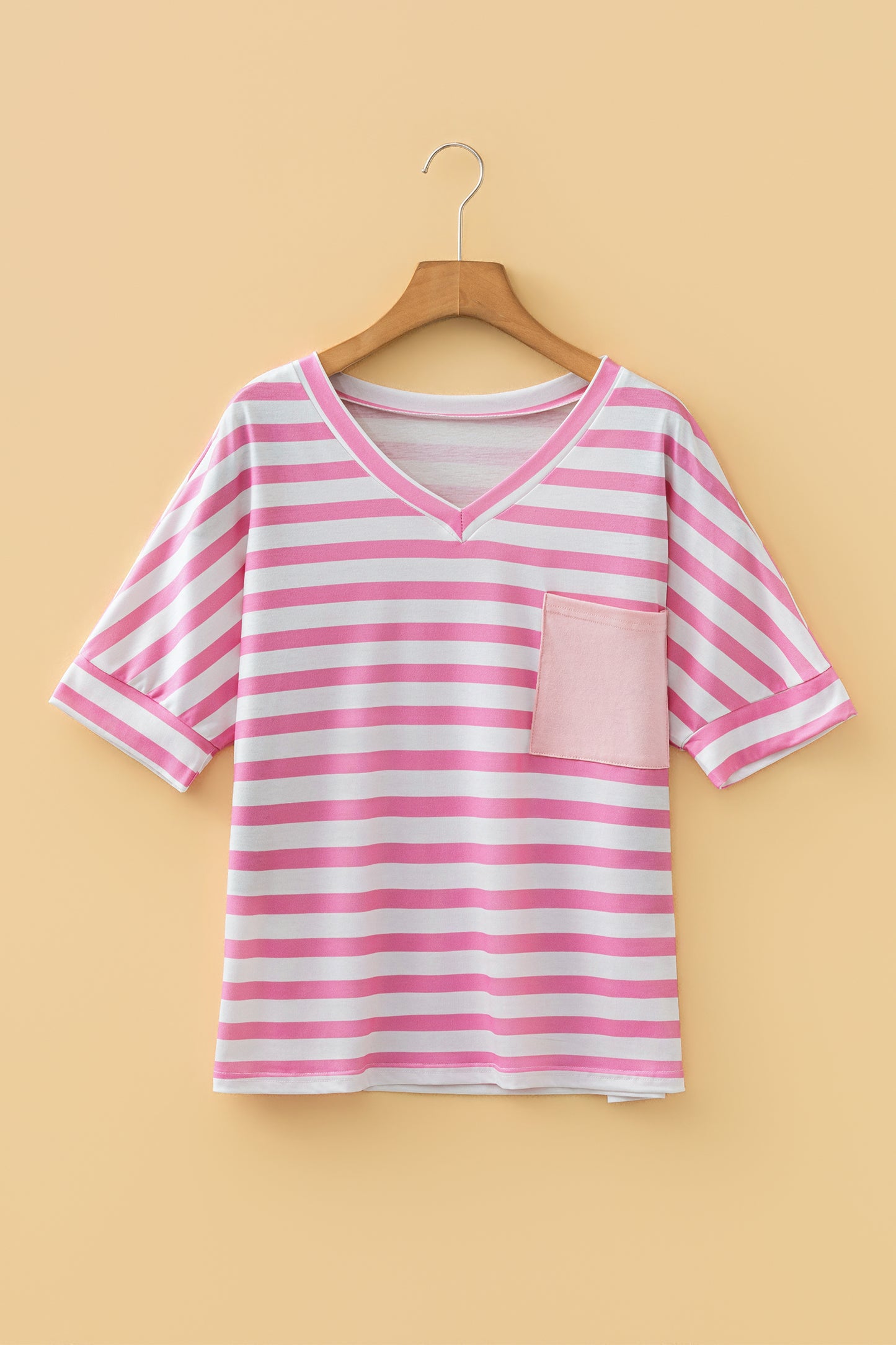 Stripe V Neck Patched Pocket Casual T Shirt