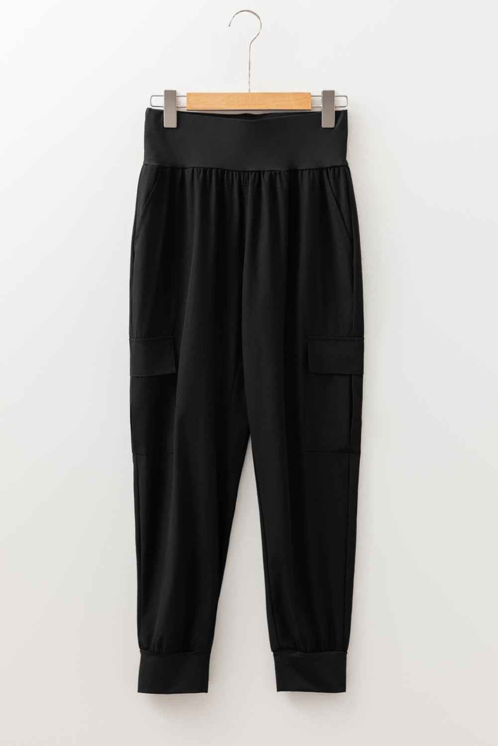 Solid Elastic High Waist Pocketed Cargo Jogger Pants