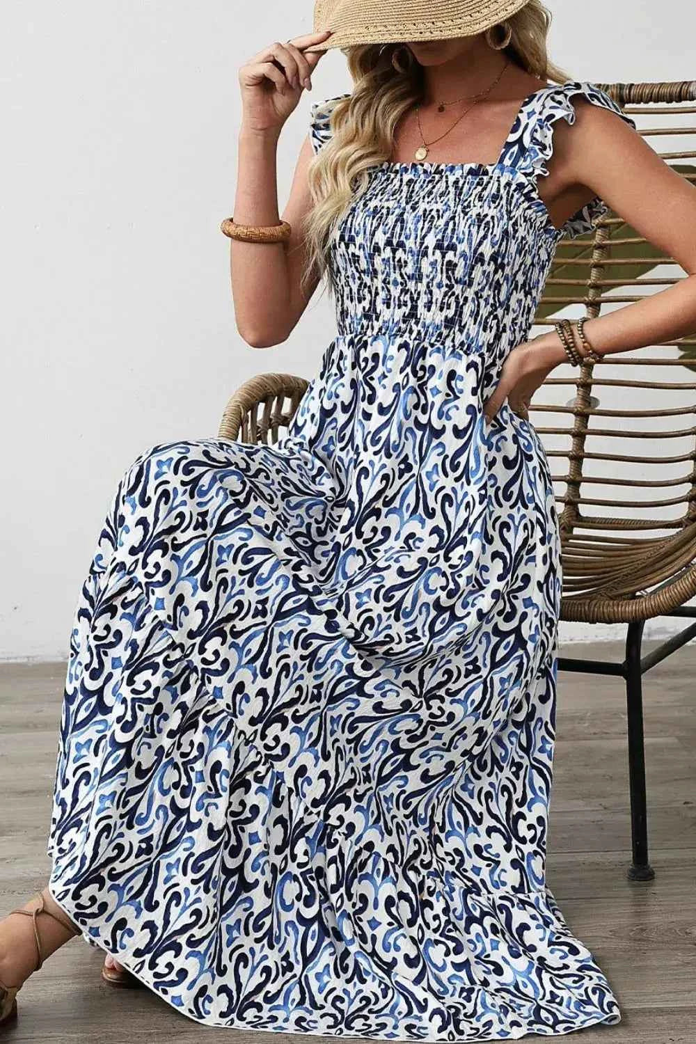 Smocked Printed Square Neck Boho Tiered Midi Dress