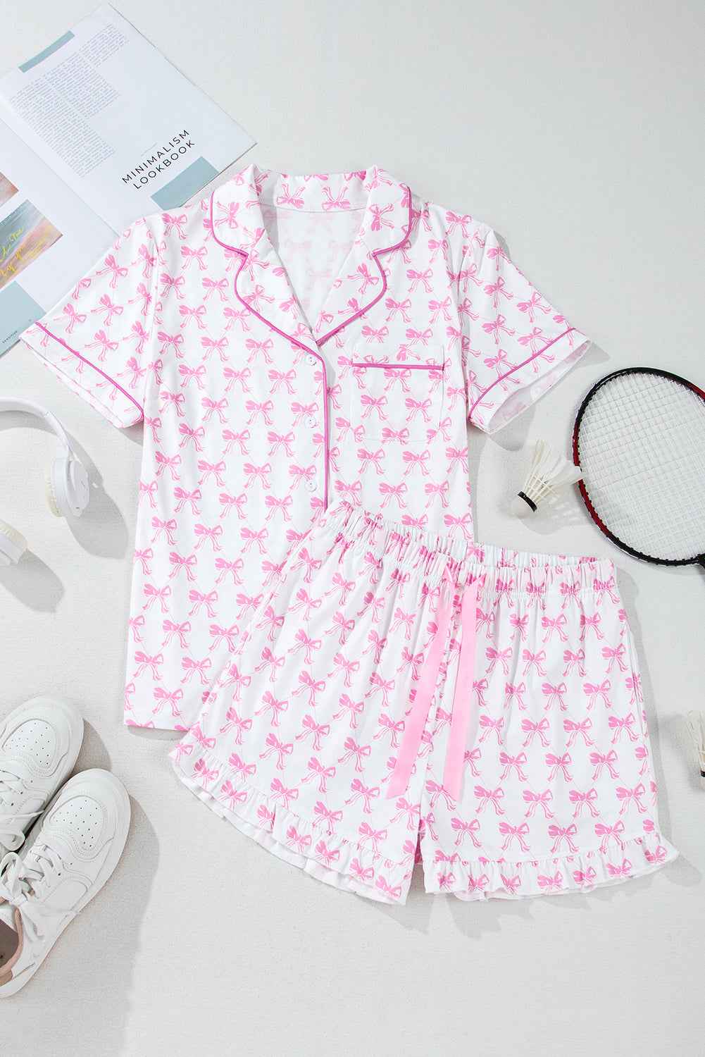 Pink Bowknot Print Shirt and Ruffle Hem Pajamas