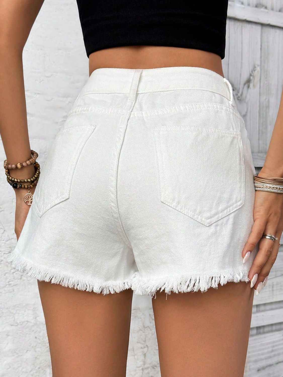 Distressed Raw Hem High Rise Denim Shorts