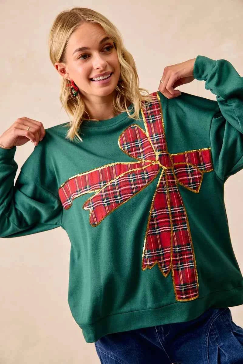 BiBi Plaid Ribbon Bow Detail Christmas Fleece Women's Sweatshirt