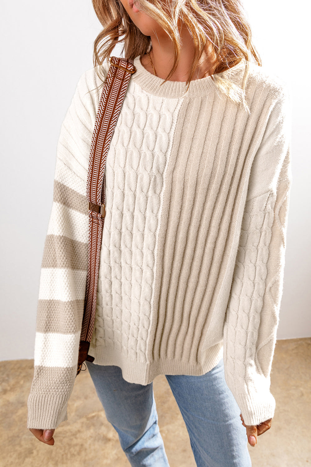 Khaki Cable Knit Colorblock Crew Neck Drop Shoulder Sweater - The Eggy's store