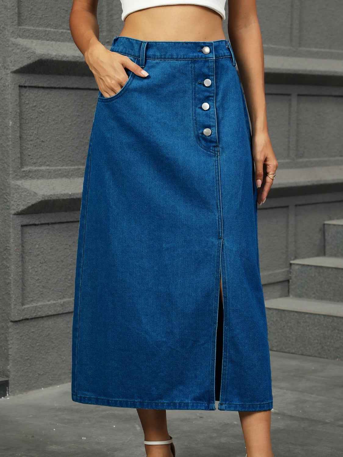Slit Button Detail Denim Midi Skirt