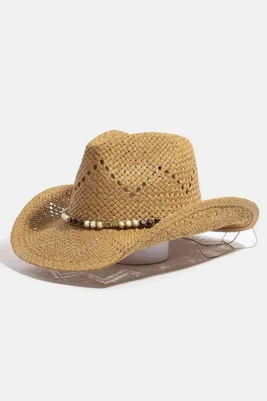Fame Mixed Beaded Strap Western Fedora Straw Hat