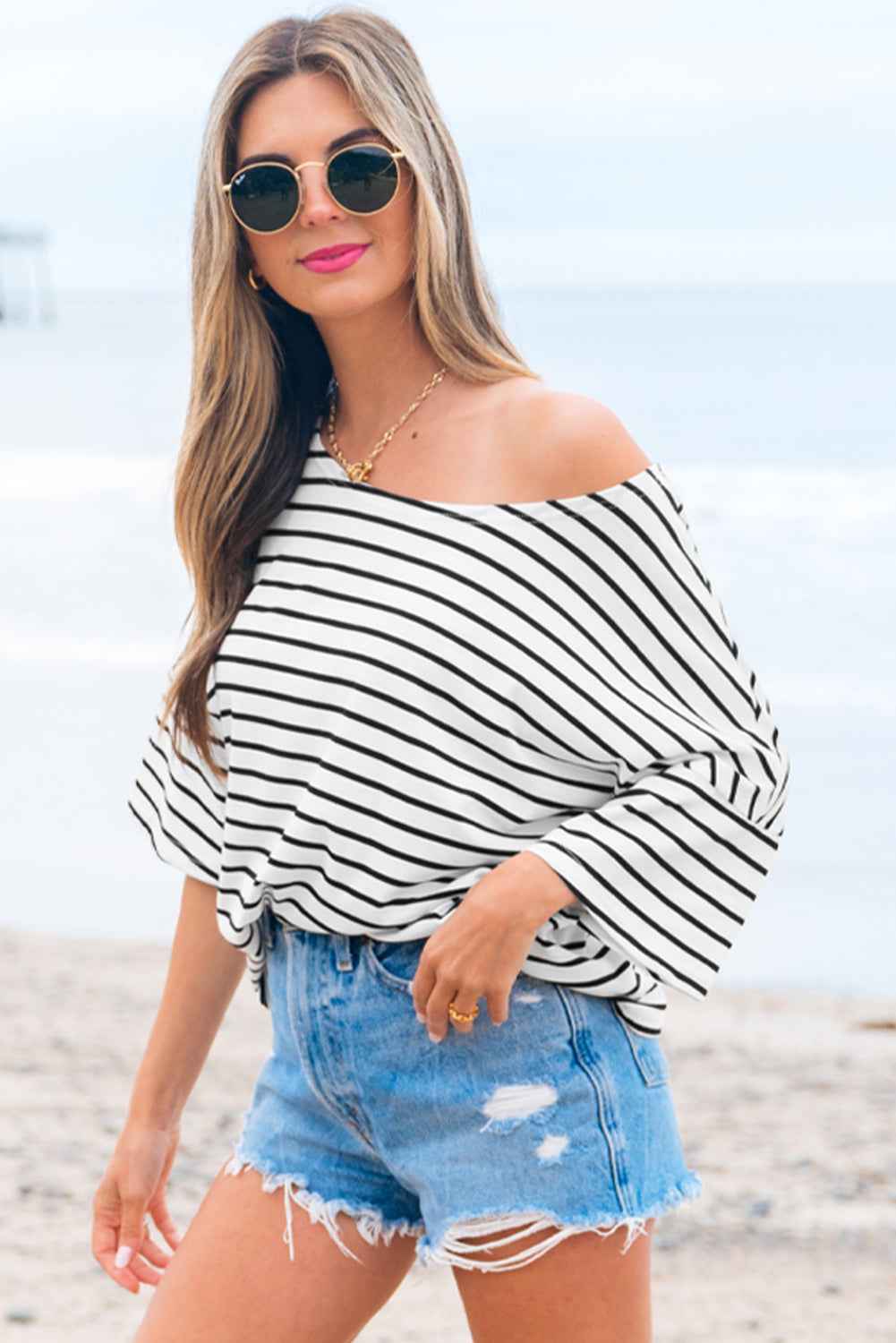 Lilia Stripe Half Sleeve Scoop Neck Loose Top