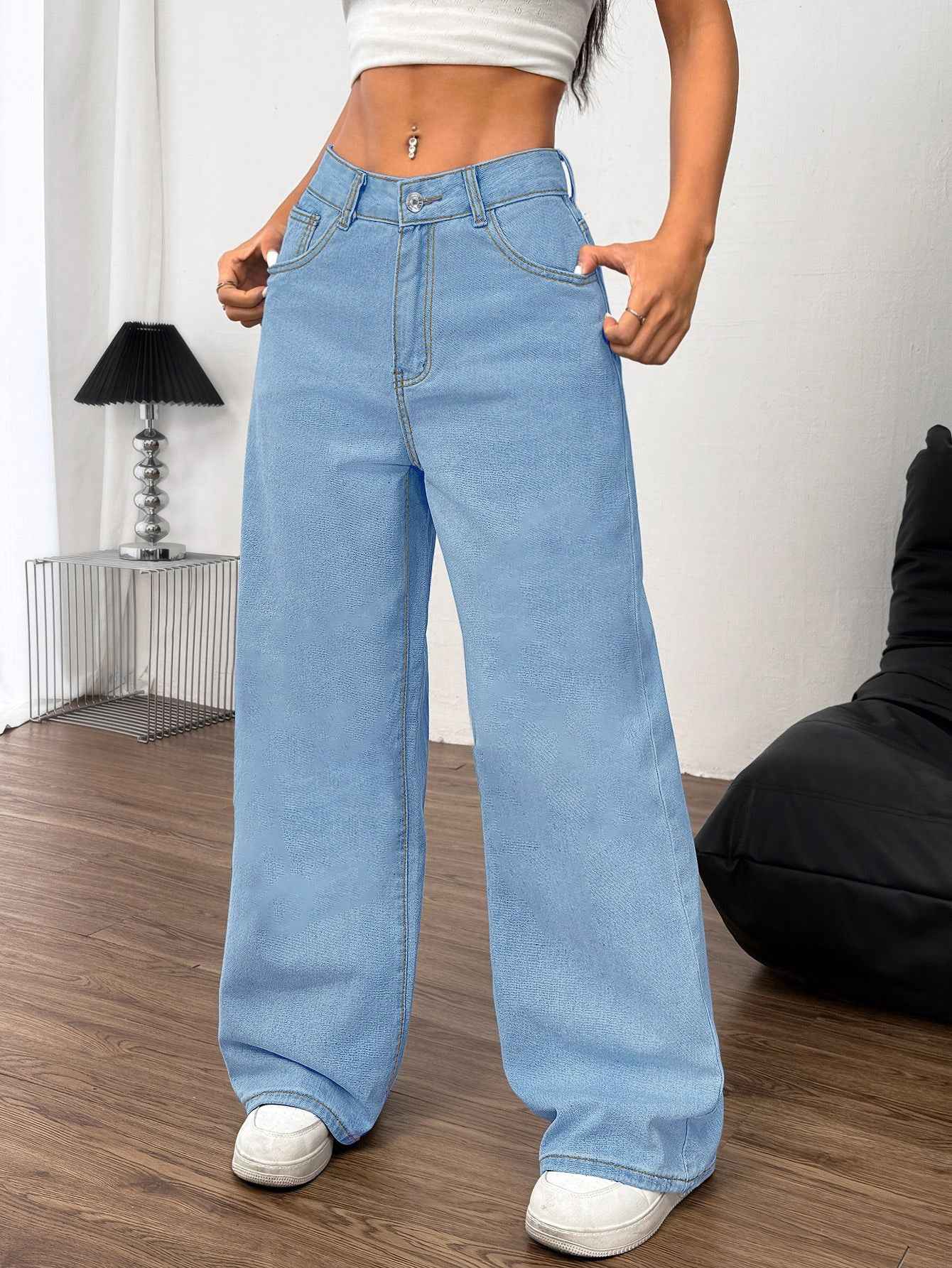 Embroidered Bow Back Wide Leg Jeans