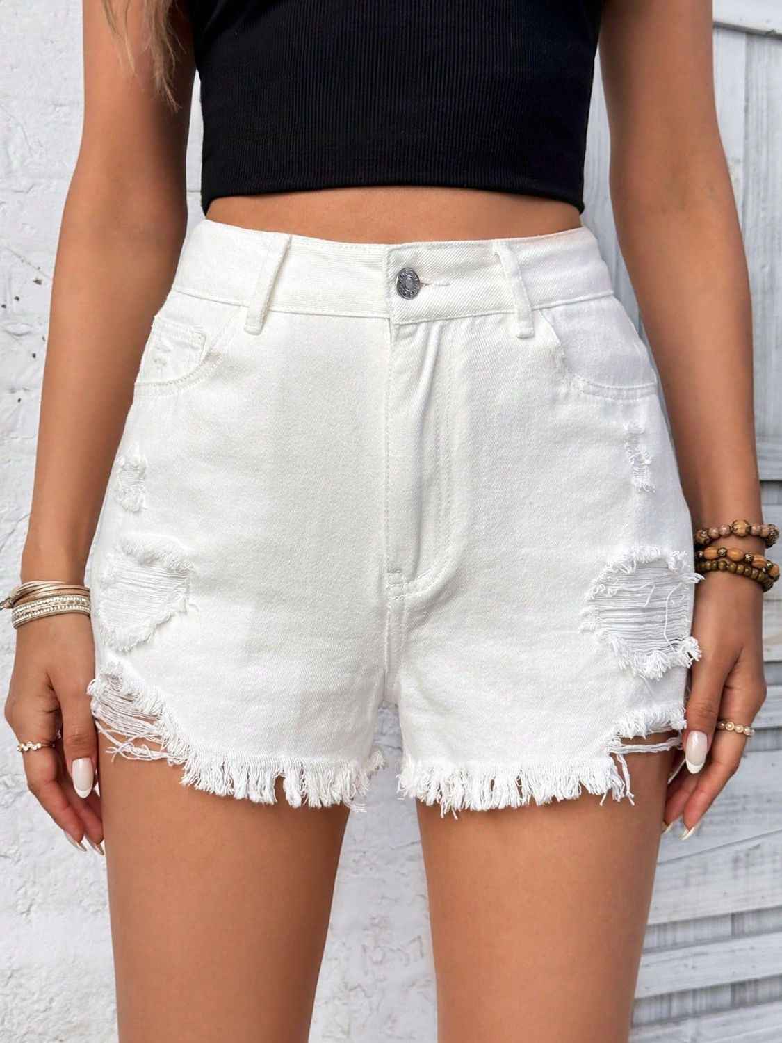 Distressed Raw Hem High Rise Denim Shorts