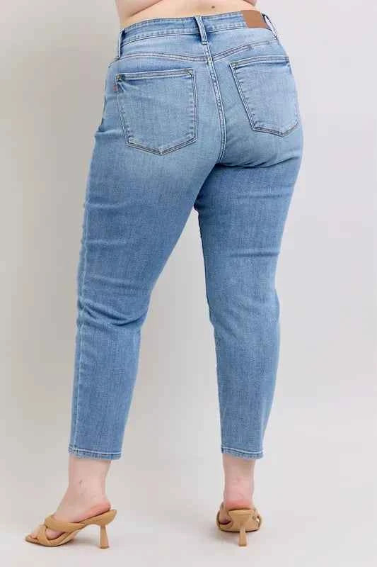 Judy Blue Full Size Mid Rise Vintage Wash Slim Jeans with Cell Phone Pocket Plus Size