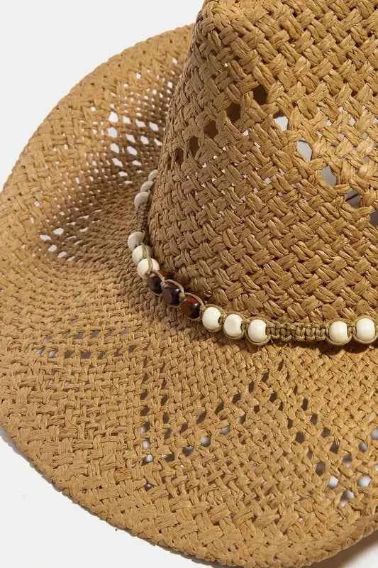 Fame Mixed Beaded Strap Western Fedora Straw Hat