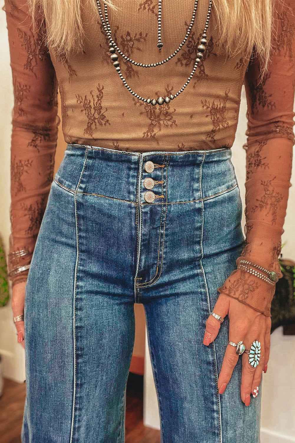 Sail Blue High Waist Jeans With Button Fly And Raw Hem