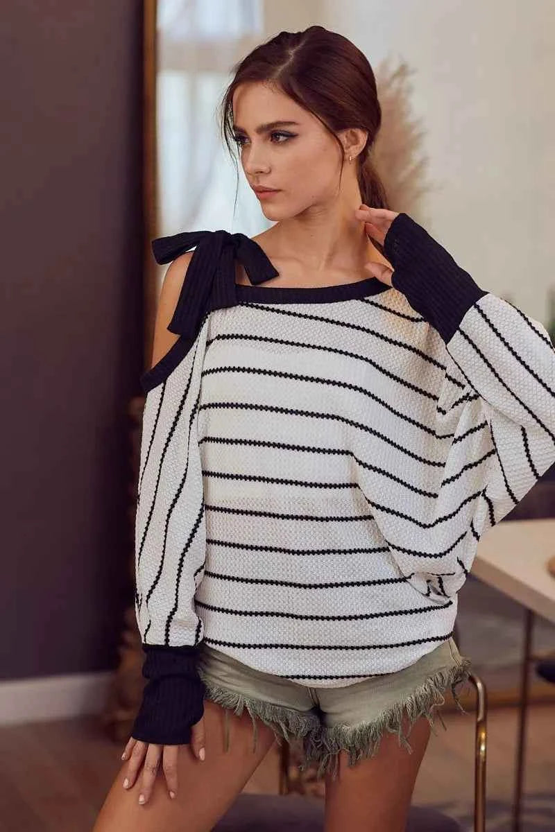 BiBi Stripe Yarn Dye Waffle One Shoulder Ribbon Detail Top