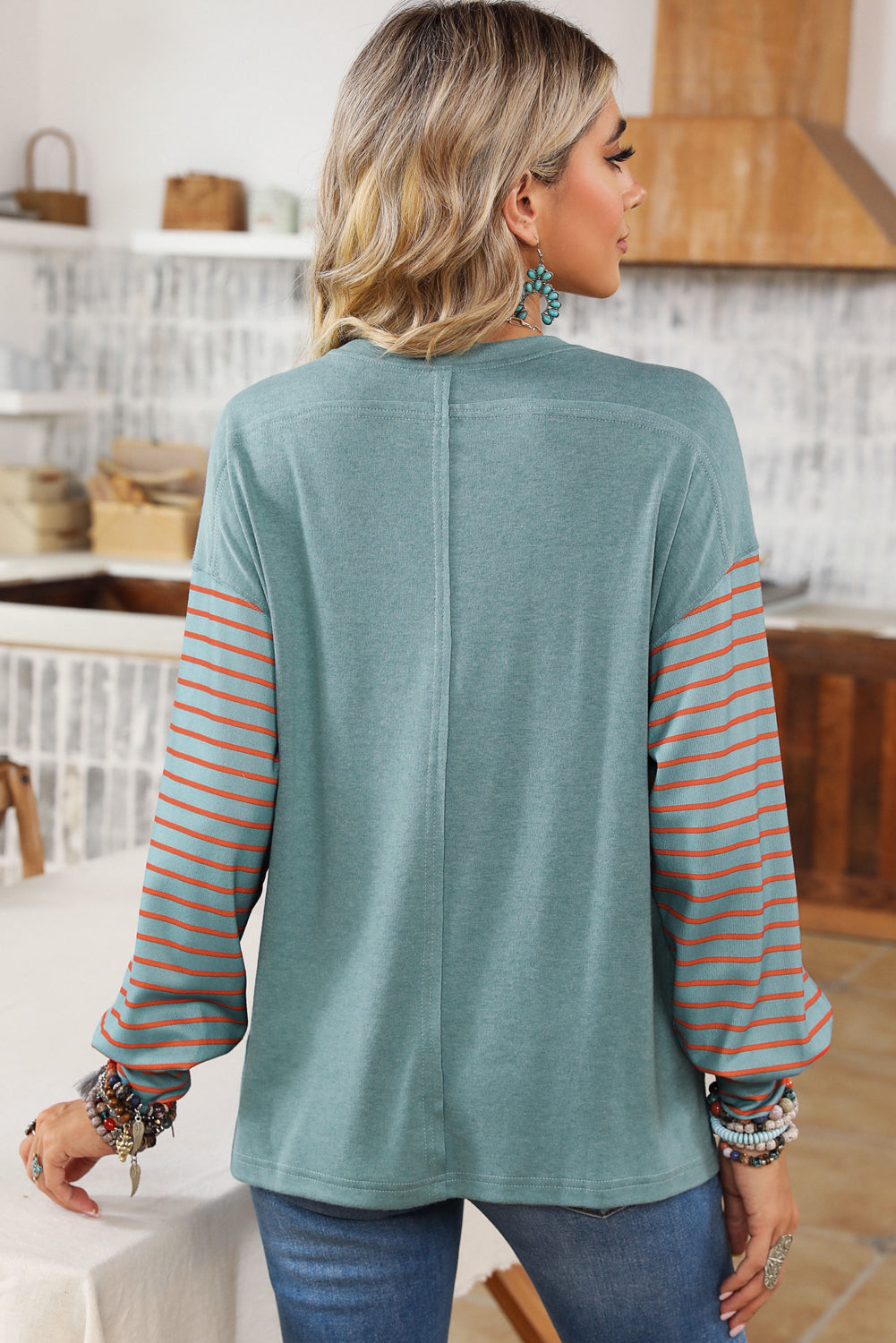 Green Colorblock Striped Bishop Sleeve Top with Side Slits Women's Top - The Eggy's store