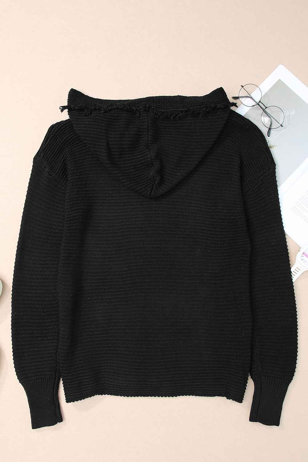 Solid Ribbed Drop Shoulder Hooded V-Neck Sweater