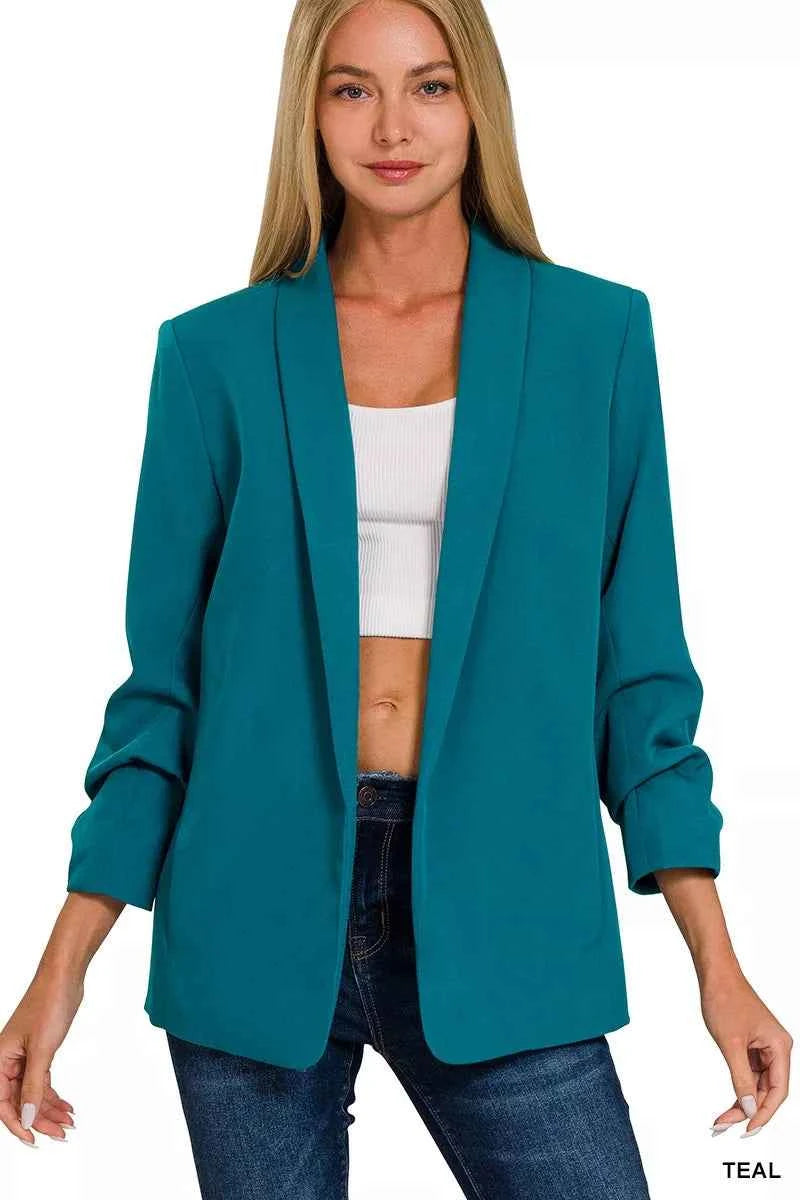 Zenana Woven 3/4 Ruched Sleeve Open Front Classic Blazer