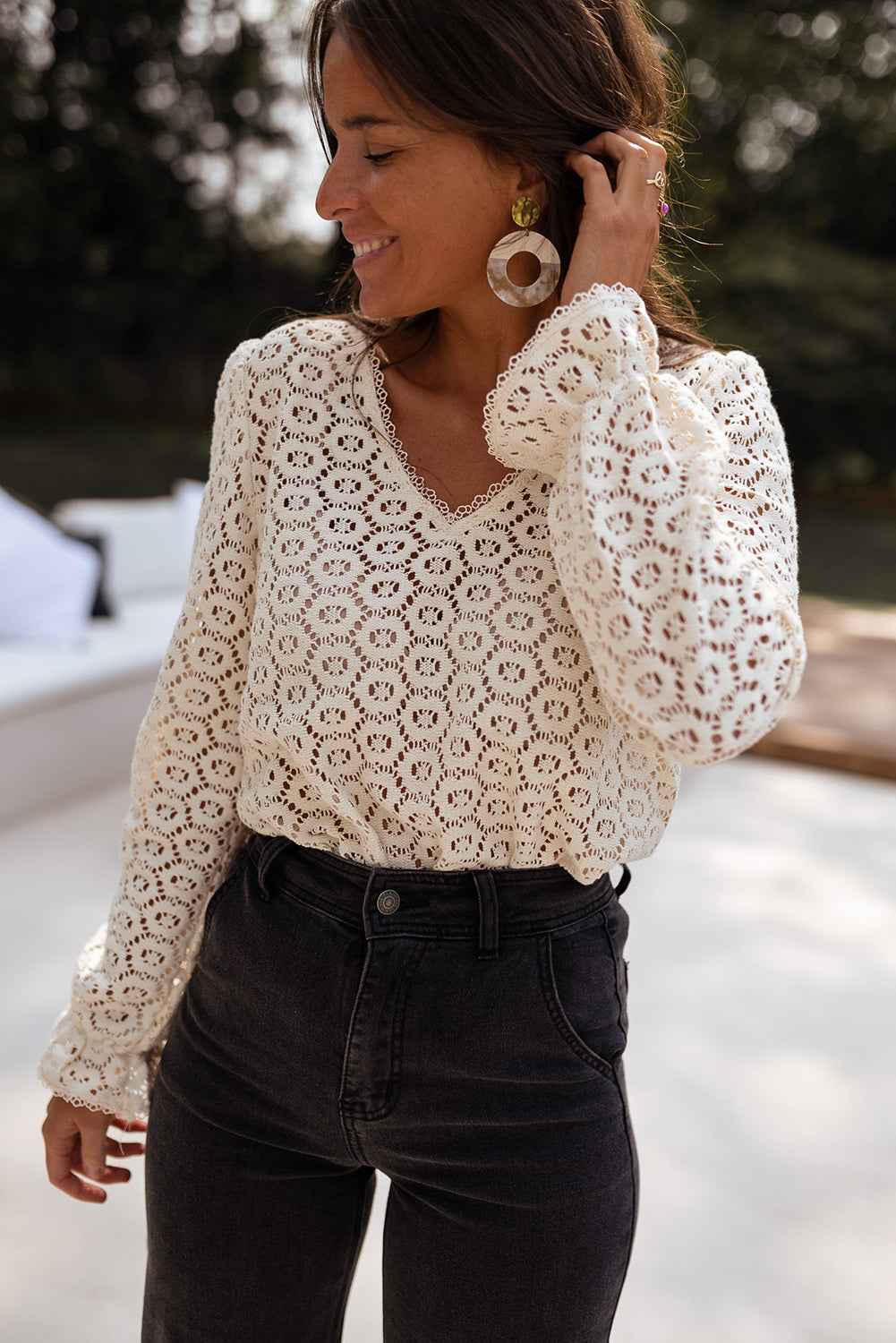 Beige Flower Lace V Neck Puff Sleeve Blouse For Women