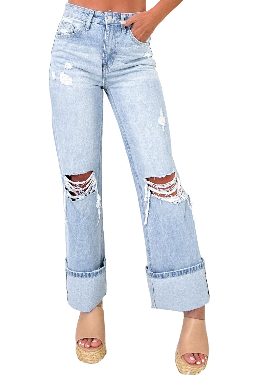 Beau Blue Light Wash Distressed Flare Jeans - The Eggy's store