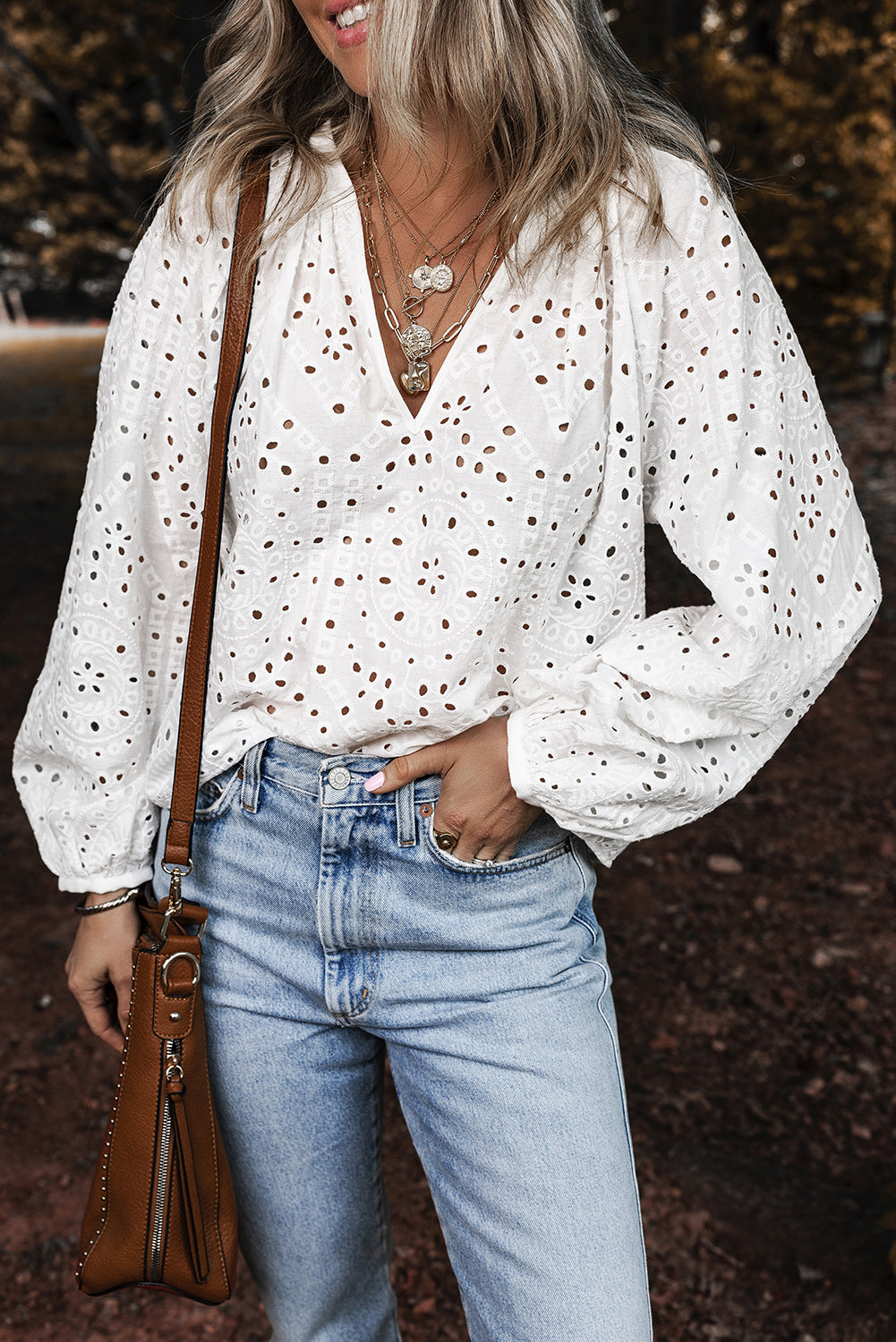 White Eyelet Embroidered Puff Sleeve V Neck Blouse - The Eggy's store