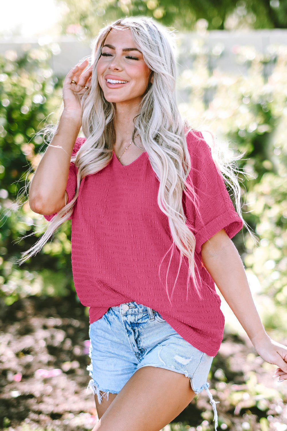 Bright Pink Textured V-Neck Women's T-Shirt