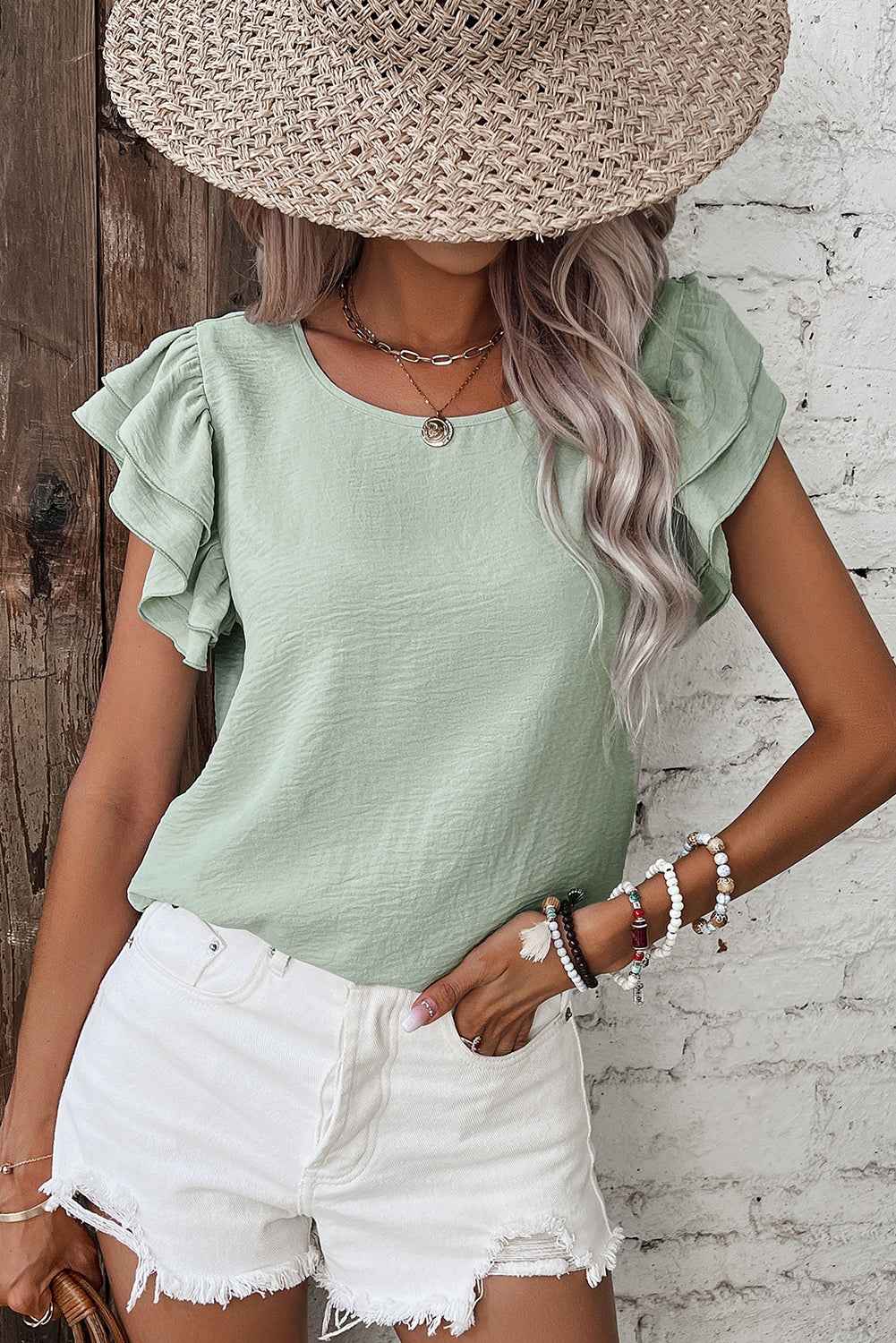 Clearly Aqua Solid Color Ruffle Sleeve Crinkled Blouse