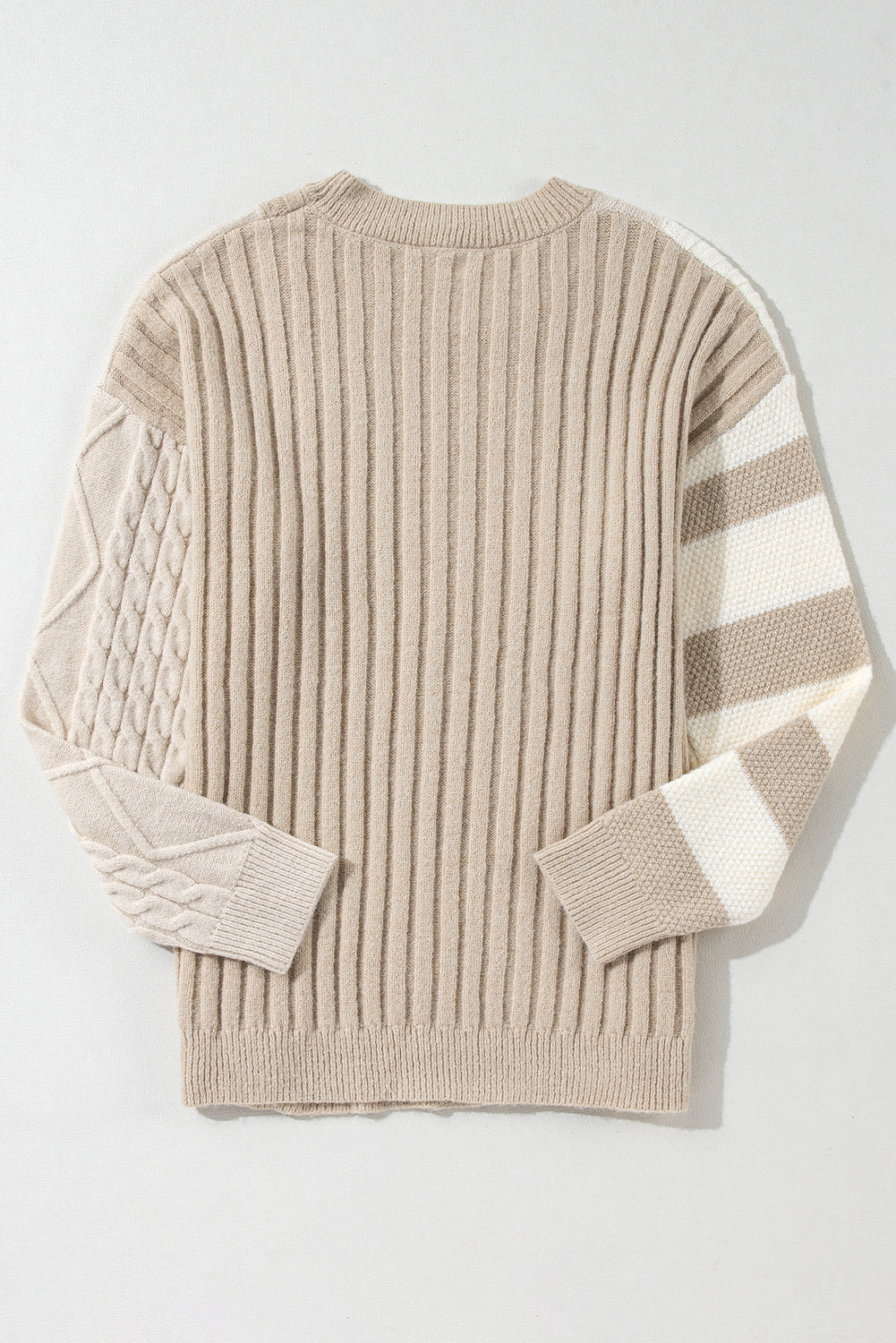 Khaki Cable Knit Colorblock Crew Neck Drop Shoulder Sweater - The Eggy's store