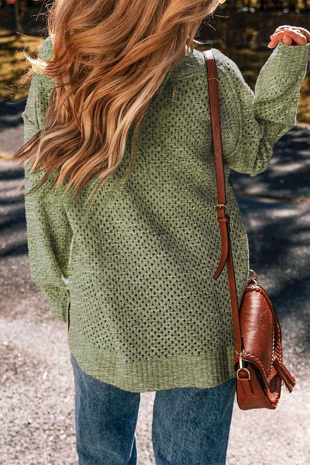 Solid Eyelet V-Neck Drop Shoulder Sweater