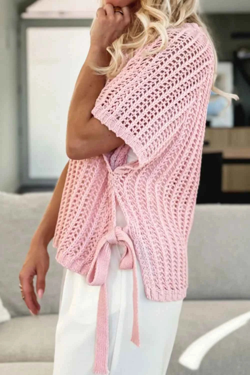 Hollow-out Crochet Side Tied Short Sleeve Knit Cover Up