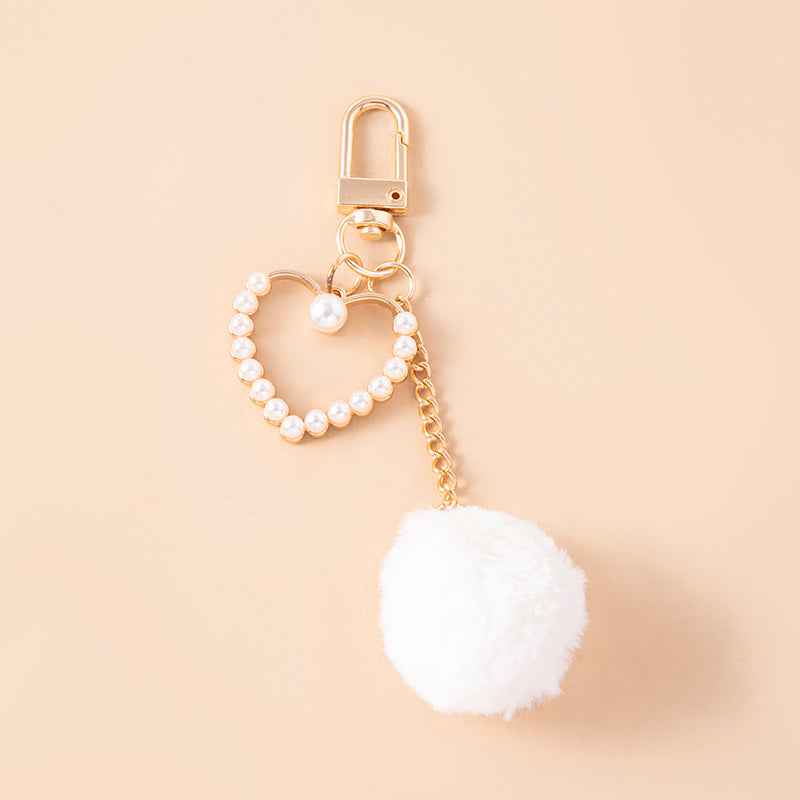 Cute White Plush Ball Keychain Fashion Pompoms Pearls Heart Charms Key Chain