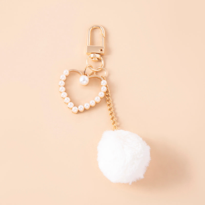 Cute White Plush Ball Keychain Fashion Pompoms Pearls Heart Charms Key Chain - The Eggy's store
