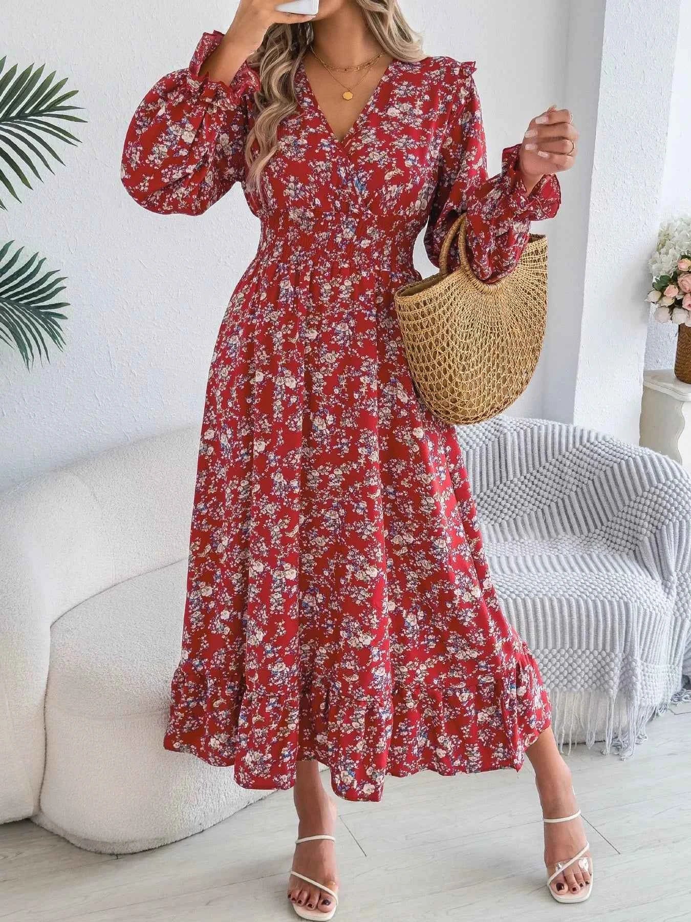 Ruffled Floral V-Neck Flounce Sleeve Dress