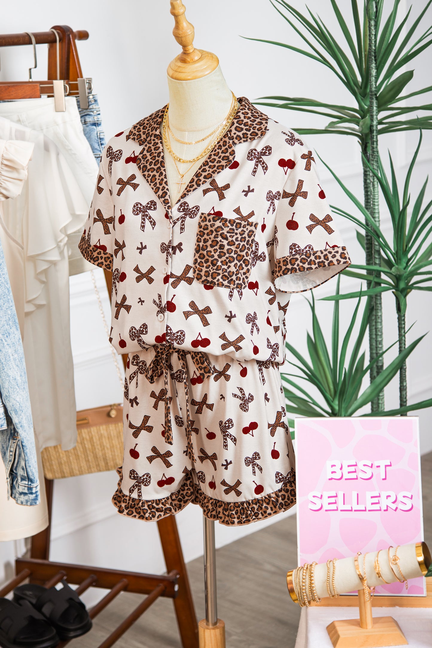 White Chic Bow Cherry Printed Leopard Patchwork 2 Piece Sleepwear