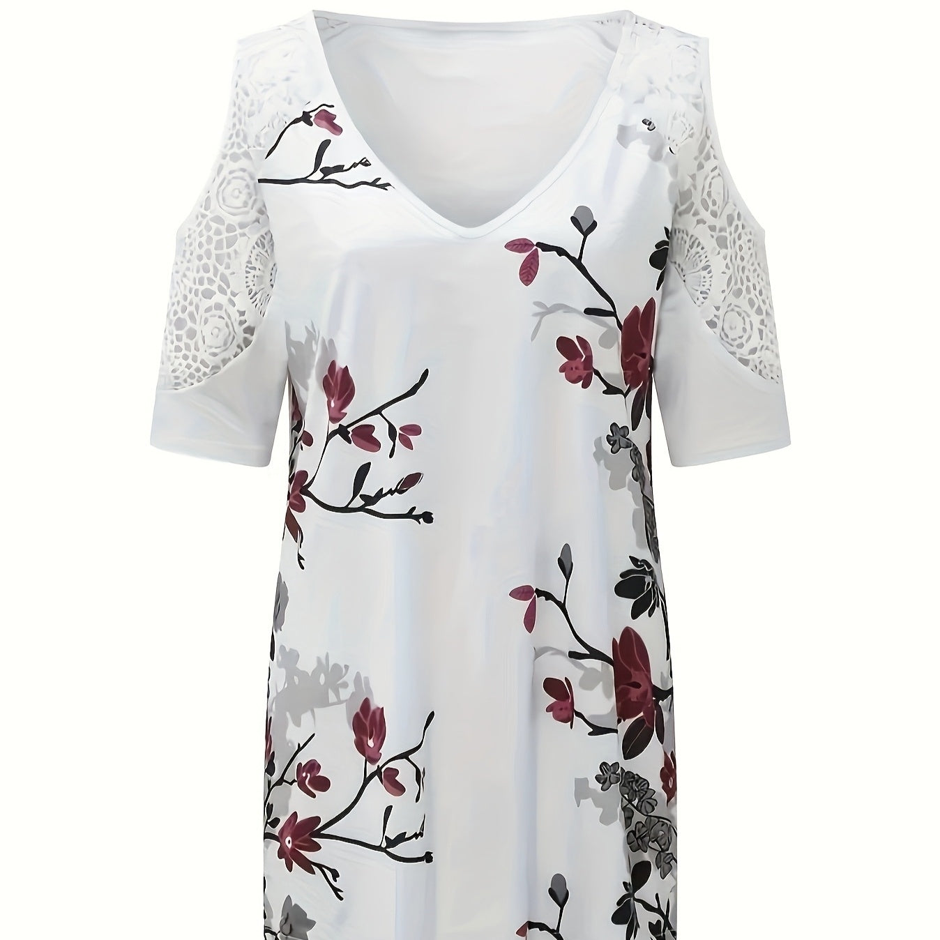 Women's Floral Off Shoulder Top with V-neck Floral Print and Contrasting Lace Blouse - The Eggy's store