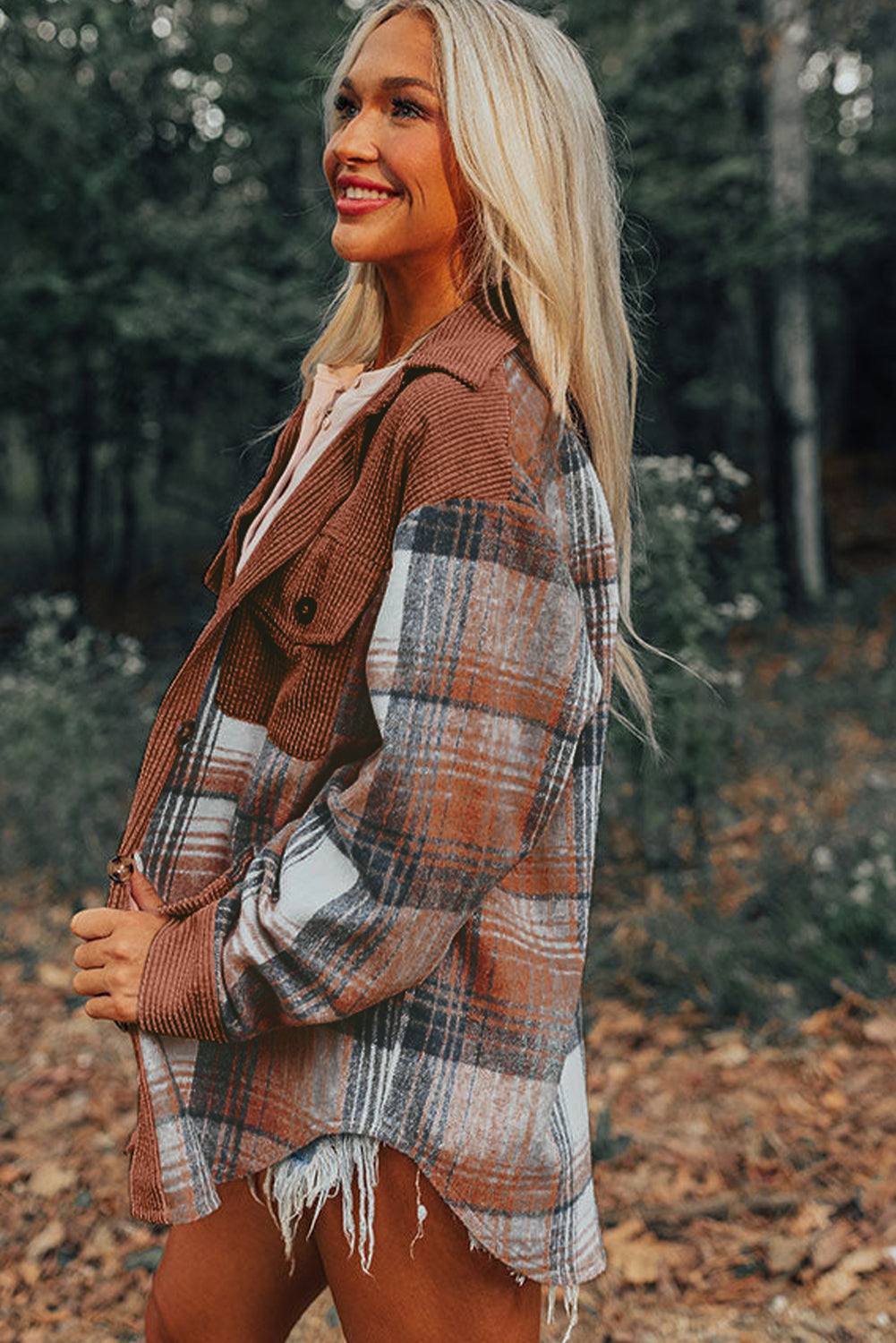 Cinnamon Plaid Corduroy Patchwork Pocket Loose Shacket - The Eggy's store