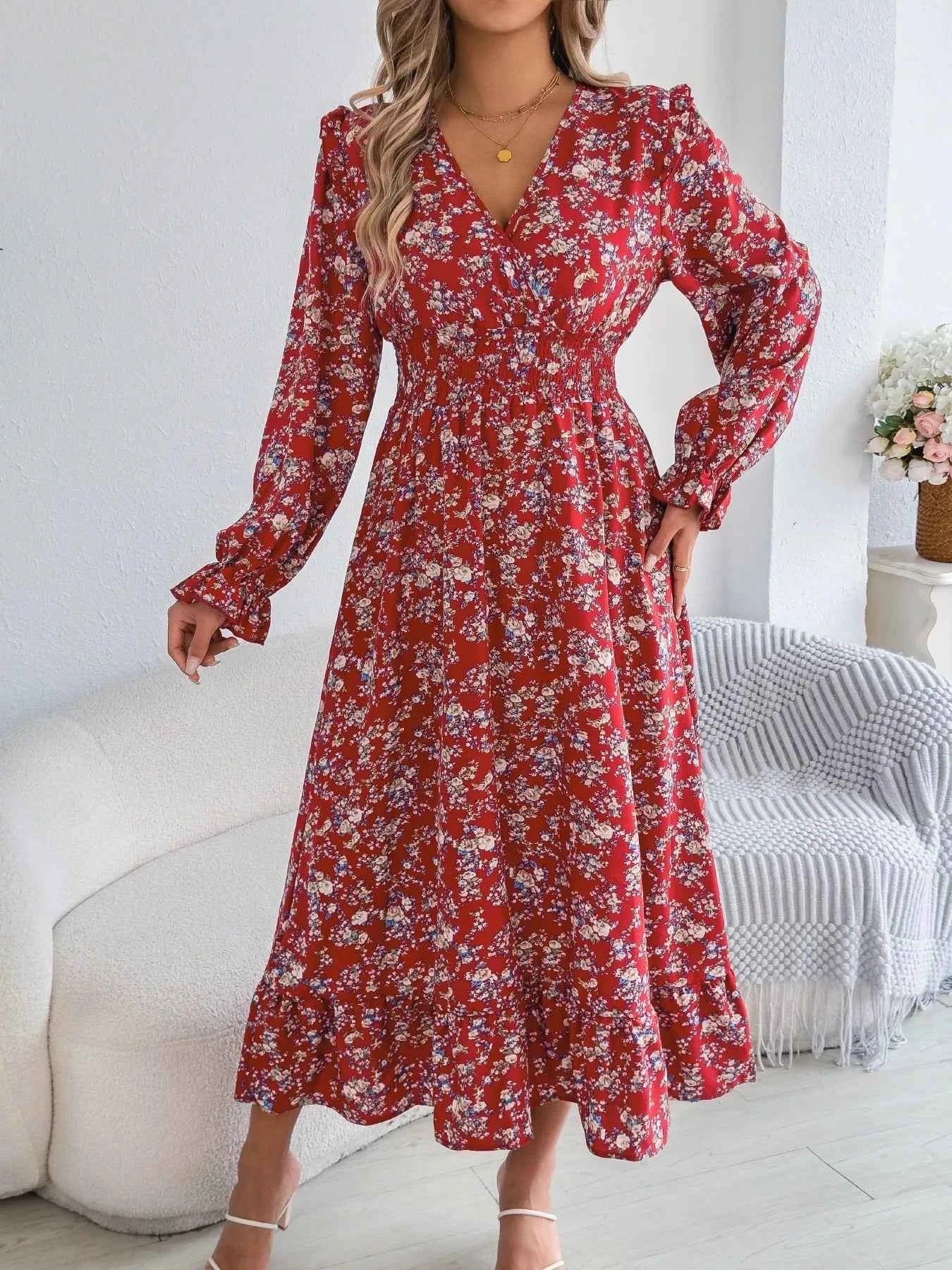Ruffled Floral V-Neck Flounce Sleeve Dress