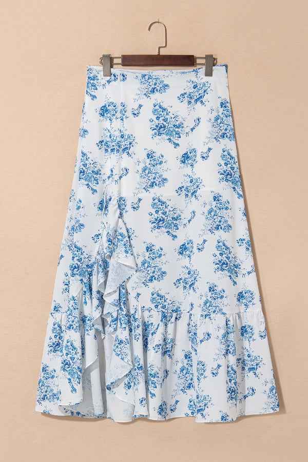 Split Asymmetrical Ruffled Printed Skirt