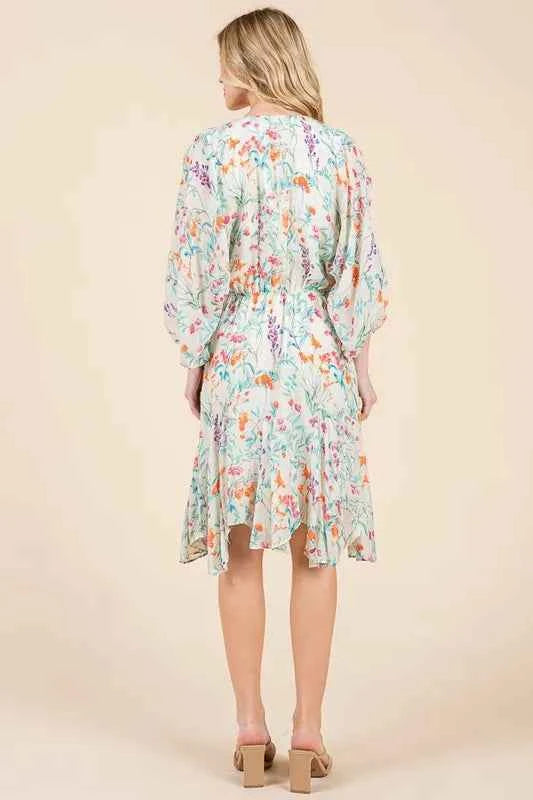 Lime 'N' Chili Floral Cinched Waist Balloon Sleeve V-Neck Dress