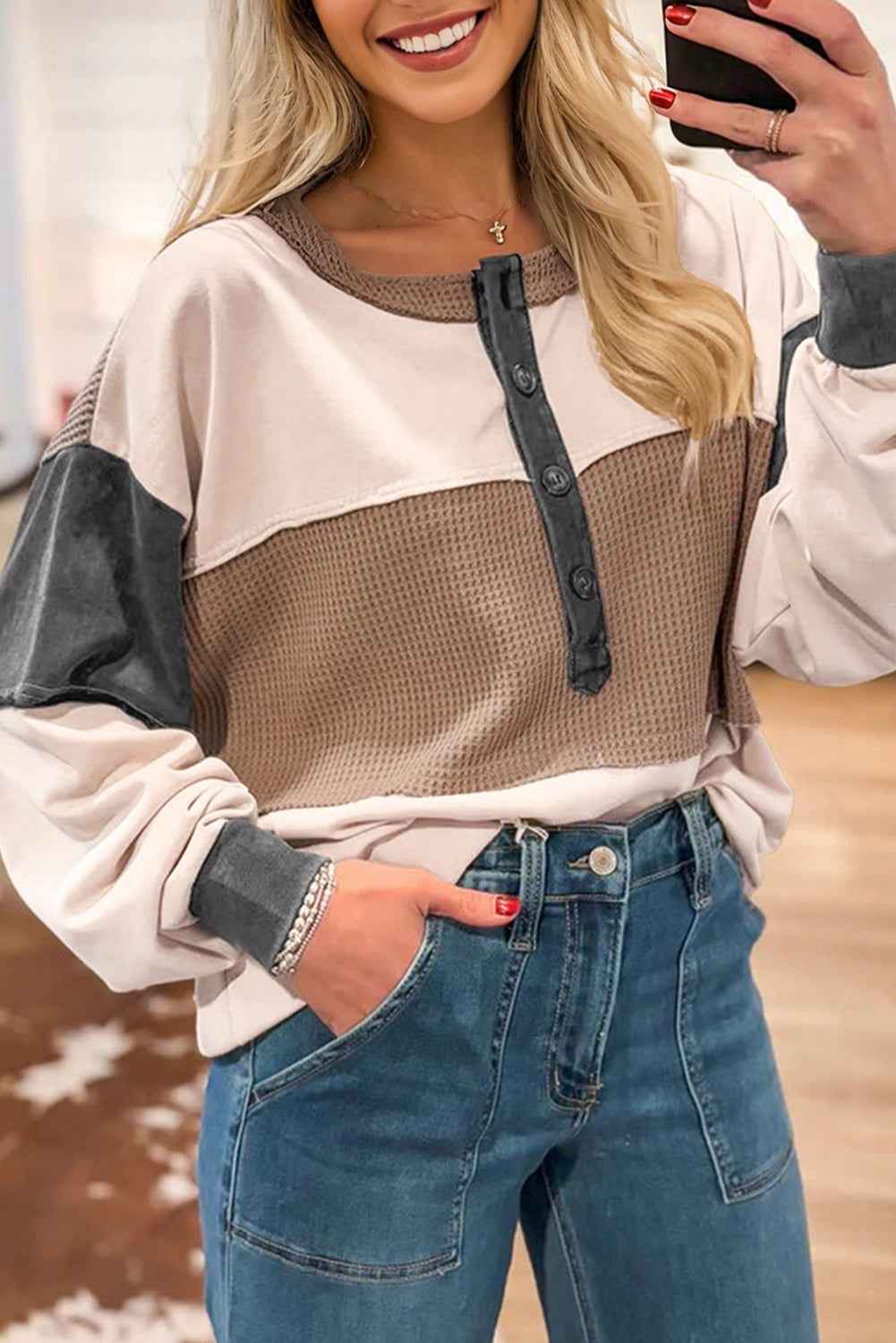Colorblock Waffle Knit Patchwork Henley Top