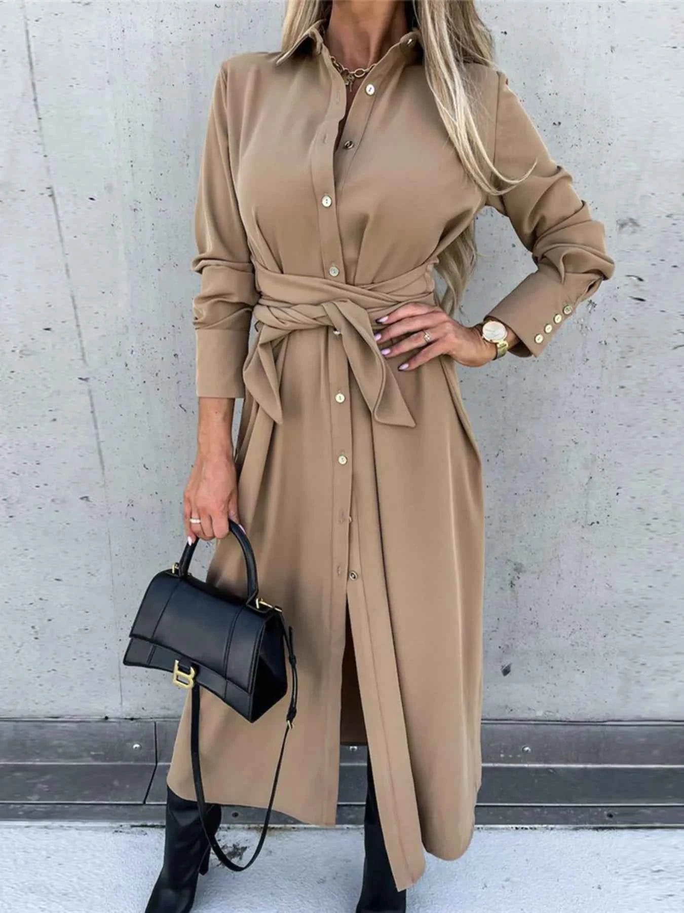 Button Front Long Sleeve Shirt Dress