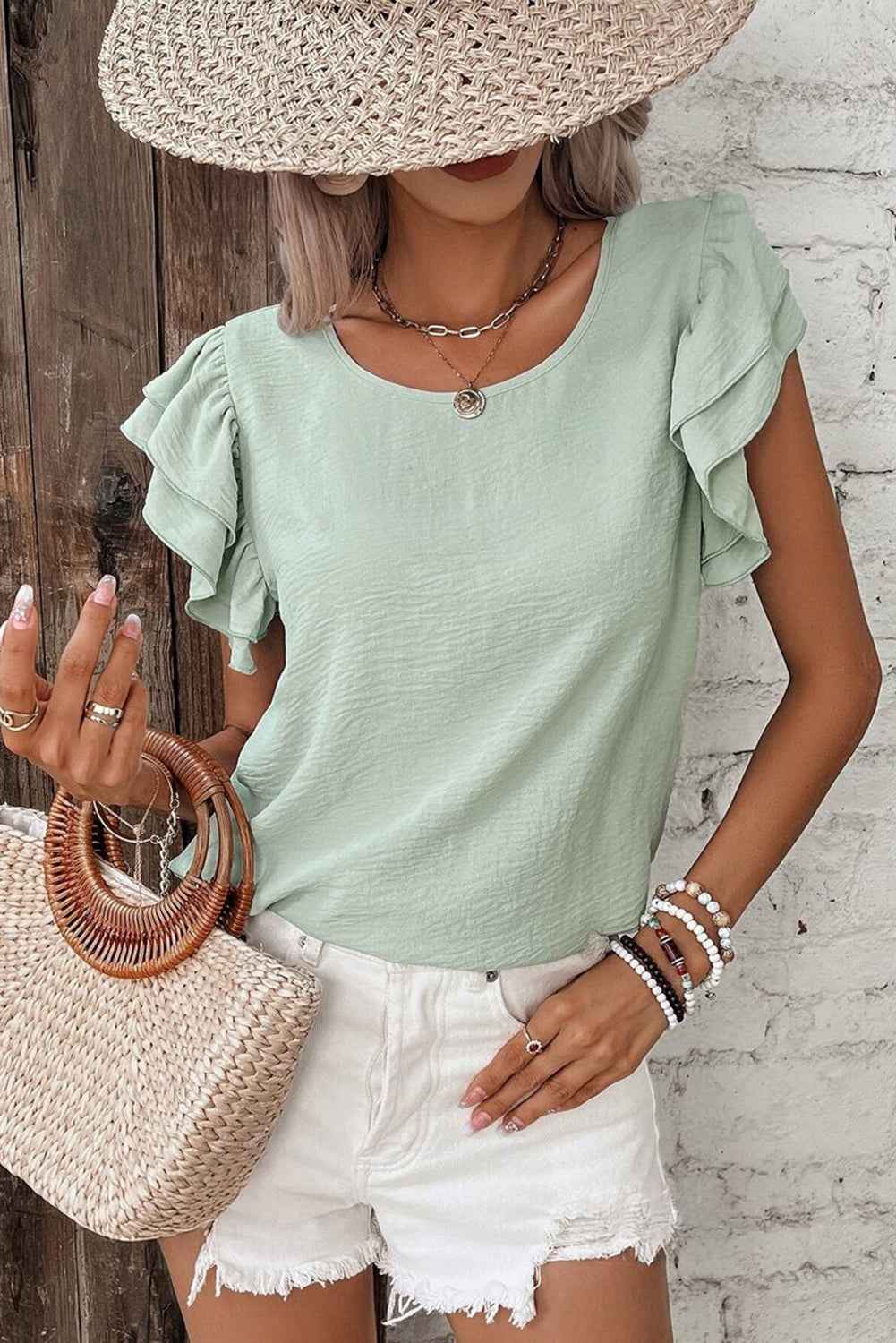 Clearly Aqua Solid Color Ruffle Sleeve Crinkled Blouse