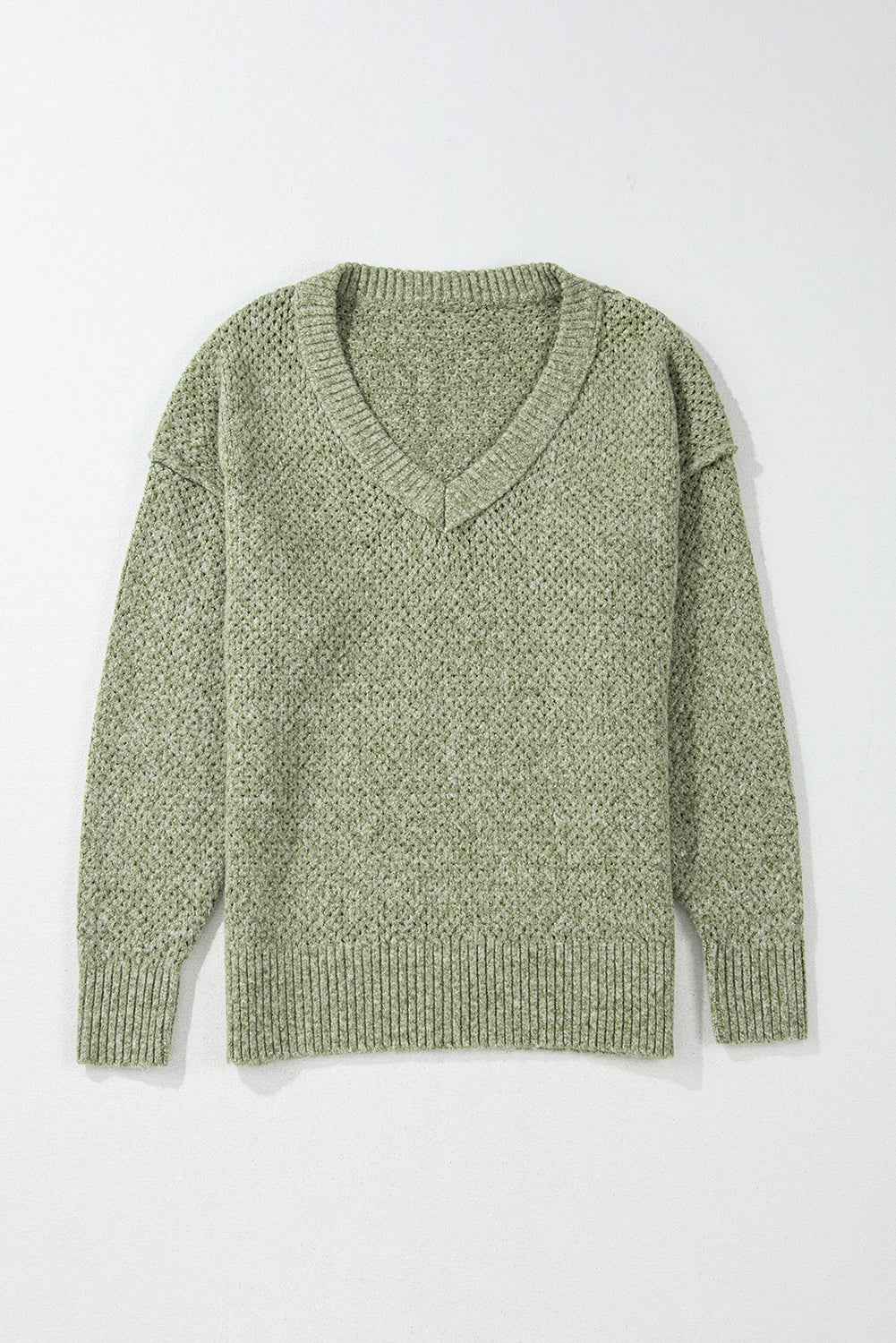 Solid Eyelet V-Neck Drop Shoulder Sweater