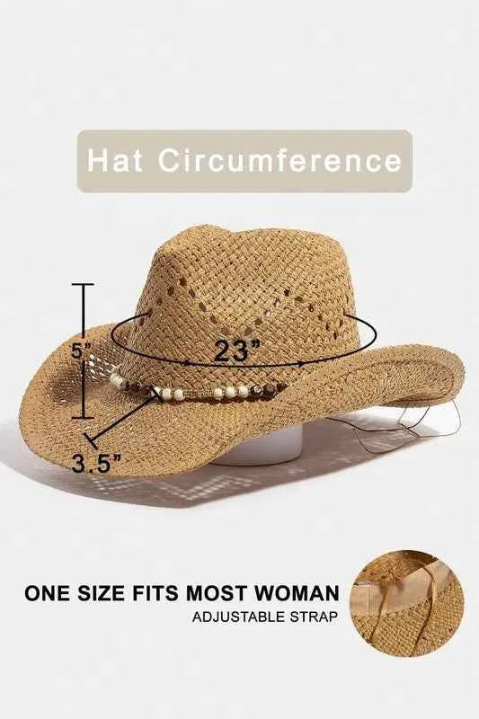 Fame Mixed Beaded Strap Western Fedora Straw Hat
