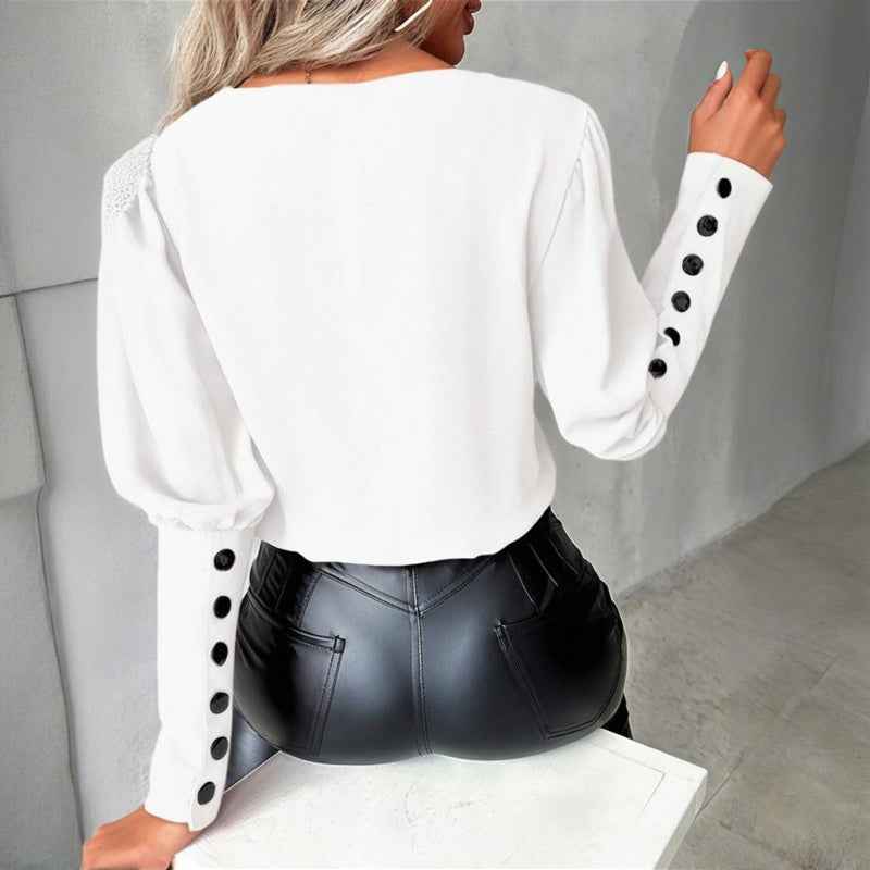 Women's V-Neck Contrast Trim Long Sleeve Blouse With Button Cuff Detail - Casual Comfort Top For Spring&Fall