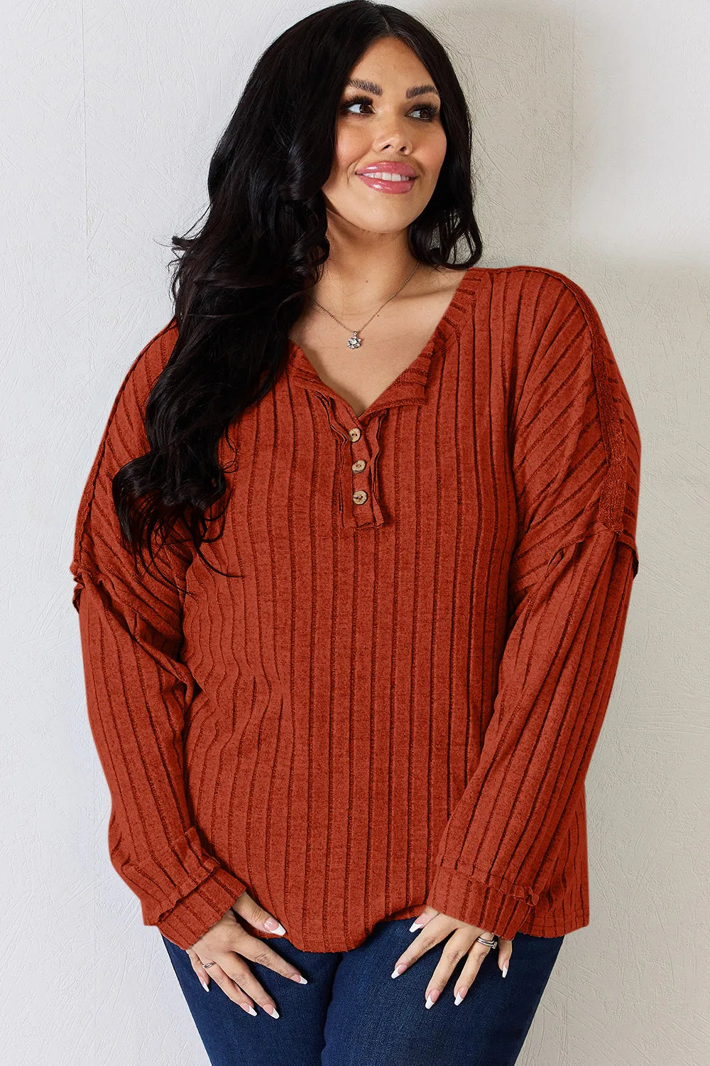 Basic Bae Full Size Ribbed Half Button Long Sleeve Women's T-Shirt - The Eggy's store
