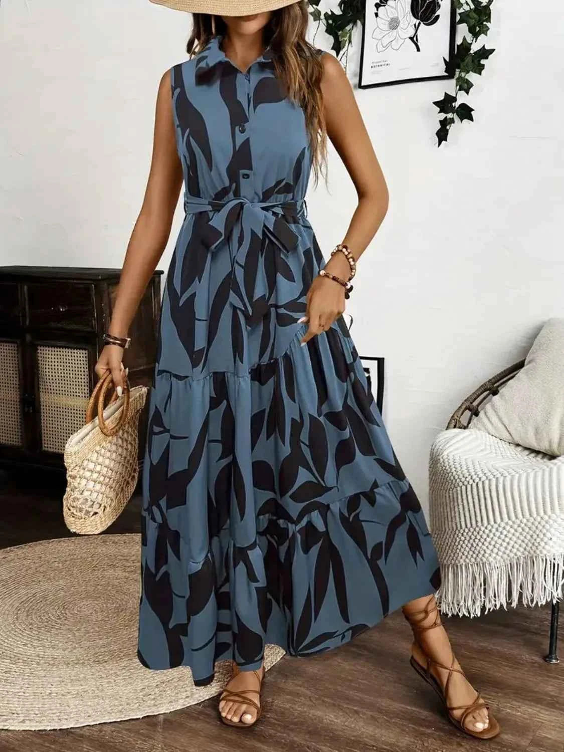 Printed Tie Waist Sleeveless Maxi Dress