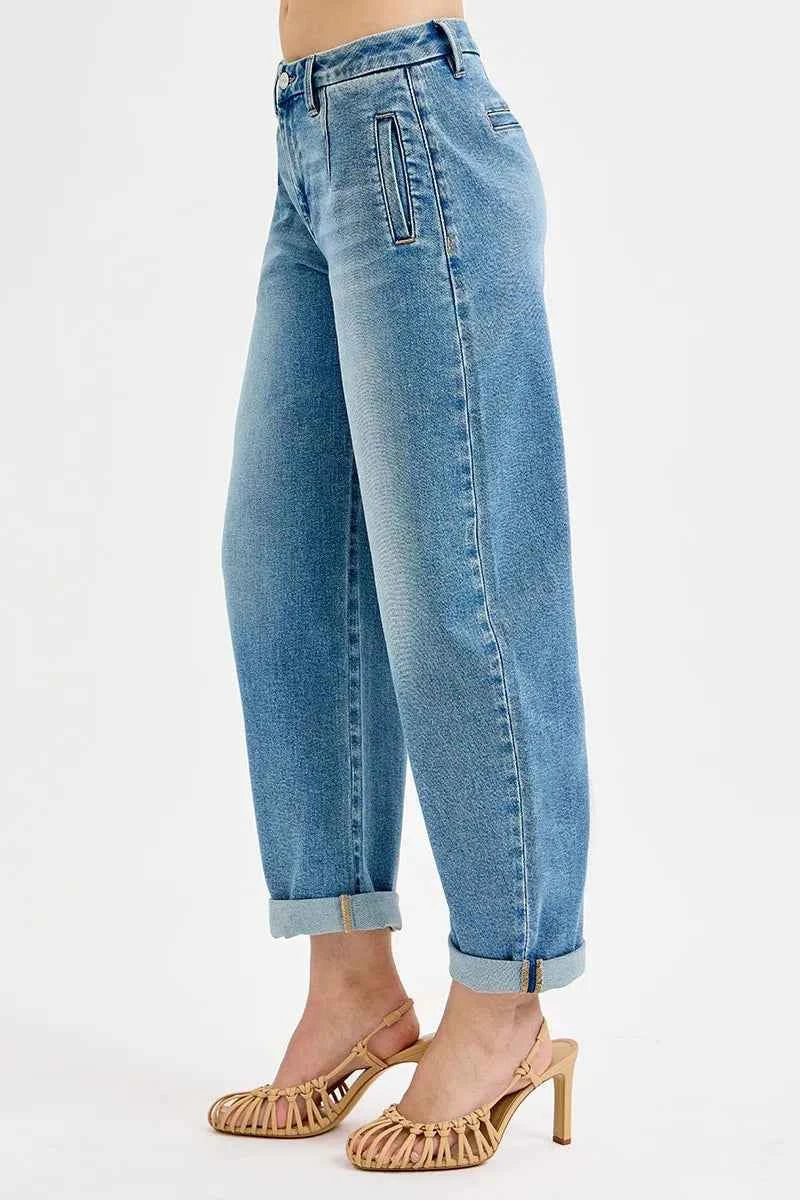 RISEN Full Size Mid Rise Fit Barrel Roll Up Jeans Plus Size