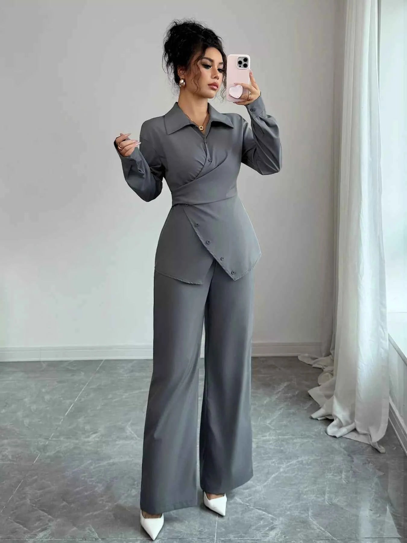 Back Tie Wrap Blazer and Wide Leg Pants Set