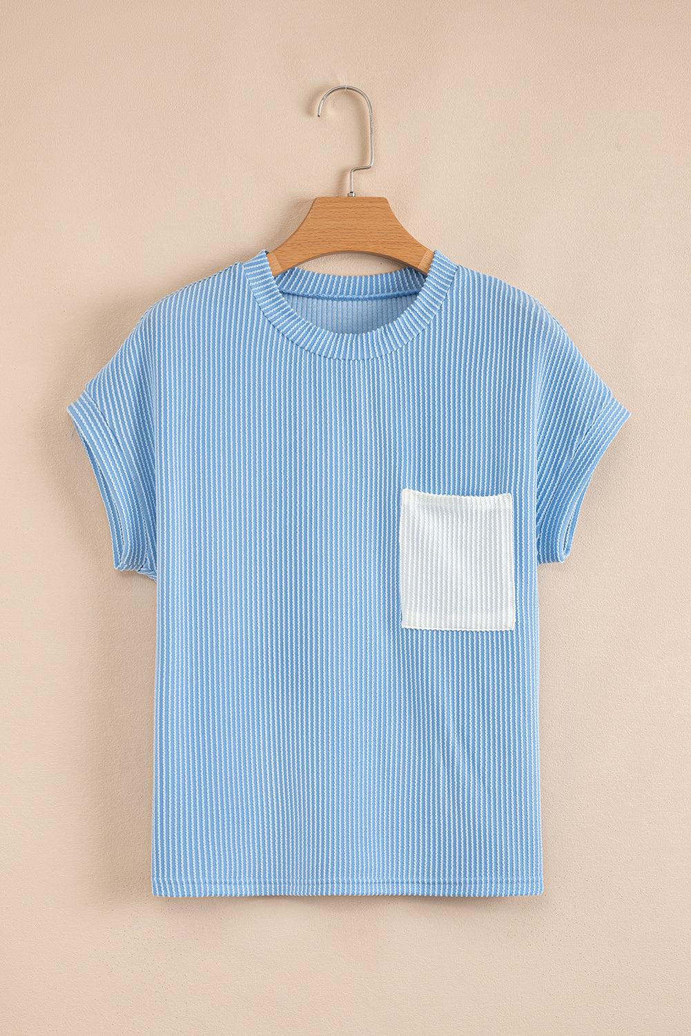 Light Blue Corded Color block Pocket Crew Neck Women's T Shirt - The Eggy's store