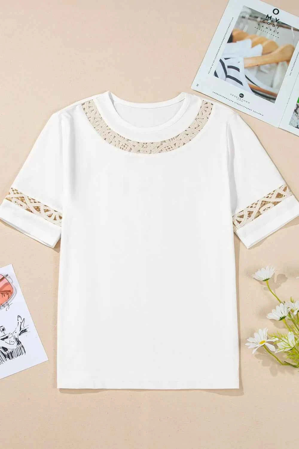 Lace Crochet Crew Neck Casual T Shirt